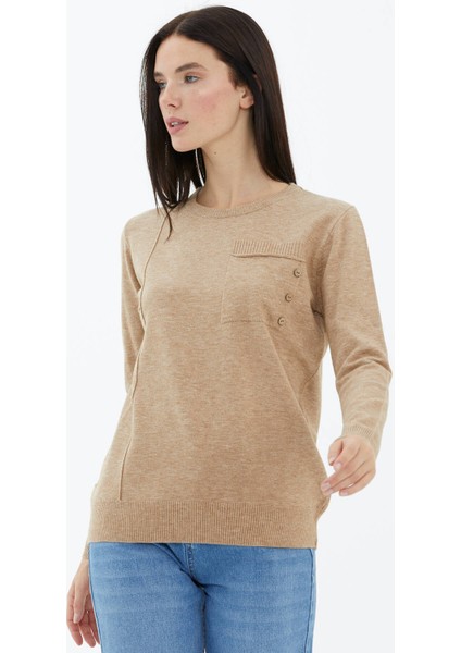 Sıfır Yaka Cepli Düğmeli Triko Kazak - Bej modelleri