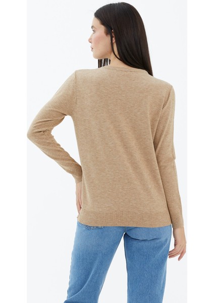 Sıfır Yaka Cepli Düğmeli Triko Kazak - Bej fırsatları