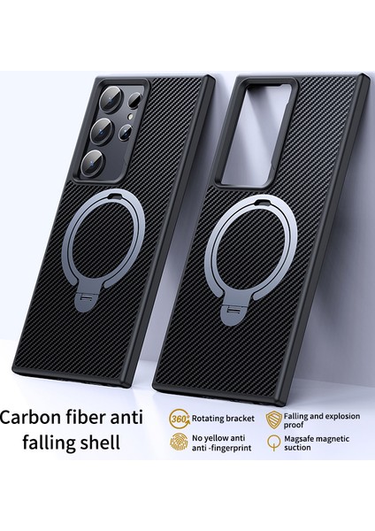 Samsung Galaxy S23 Ultra Kılıf MagSafe ile Uyumlu Karbon Fiber Doku Kickstand PC+TPU Koruyucu Kapak-Gri (Yurt Dışından)