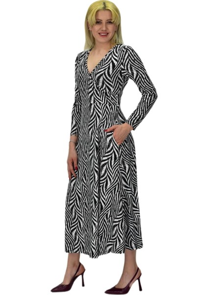 Kadın Viskon Zebra Desenli V Yaka Elbise BGL-ST03535 modelleri