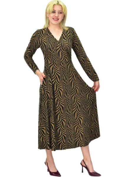 Kadın Viskon Zebra Desenli V Yaka Elbise BGL-ST03535