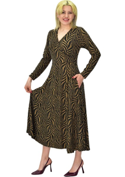 Kadın Viskon Zebra Desenli V Yaka Elbise BGL-ST03535