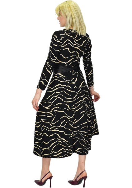 Kadın Krep Zebra Desenli V Yaka Elbise BGL-ST03537