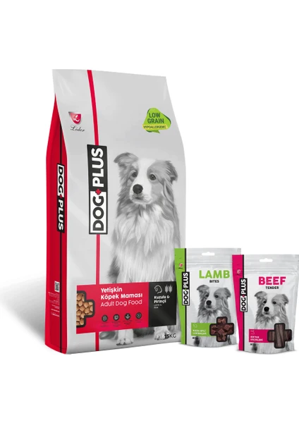 Dog Plus Düşük Tahıllı Hipoalerjenik Kuzu Etli Pirinçli Yetişkin Köpek  Maması 15 Kg + Kuzu Etli + Dana Etli Ödül