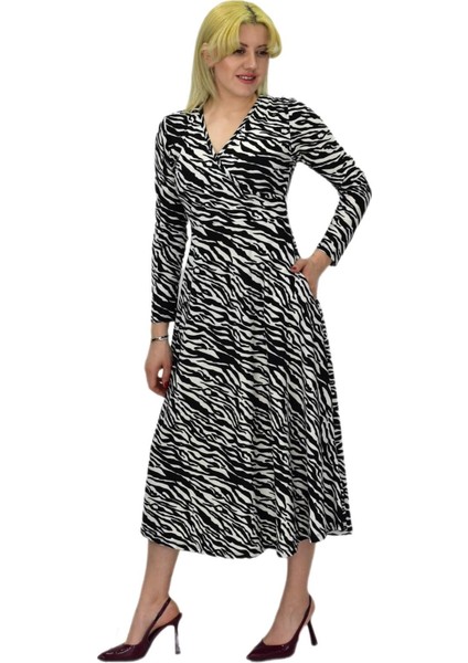 Kadın Krep Zebra Desenli V Yaka Elbise BGL-ST03537