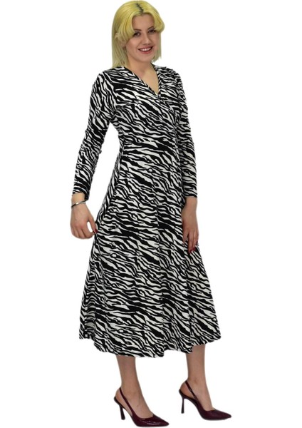 Kadın Krep Zebra Desenli V Yaka Elbise BGL-ST03537 fiyatları