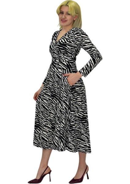 Kadın Krep Zebra Desenli V Yaka Elbise BGL-ST03537 modelleri