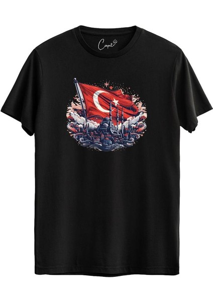 Pamuklu Istanbul Türk Bayrağı Baskılı Kırmızı Milli Tişört