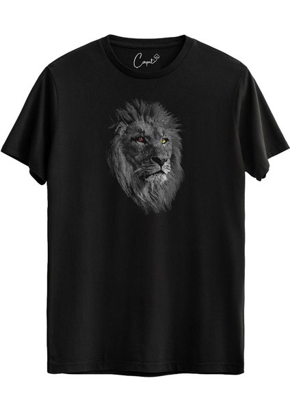 Pamuklu Sarı Kırmızı Aslan Baskılı Siyah Tişört