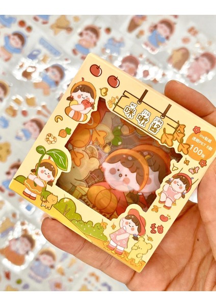 Sevimli Kız Ayıcık Sonbahar 100 Yaprak Sarı Mini Kutu Şeffaf Pet Sticker Seti / Su Geçirmez