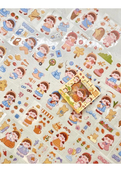 Sevimli Kız Ayıcık Sonbahar 100 Yaprak Sarı Mini Kutu Şeffaf Pet Sticker Seti / Su Geçirmez