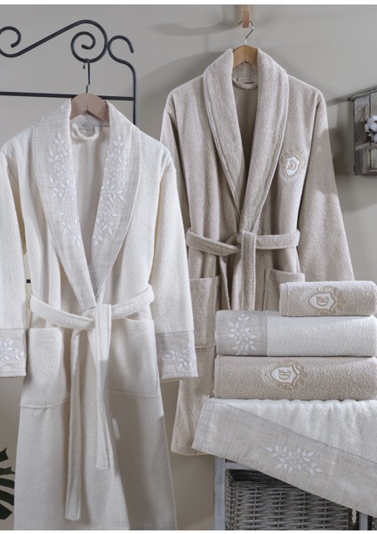 6'lı Nakışlı Pamuk Krem-Bej Bornoz Seti - Sude