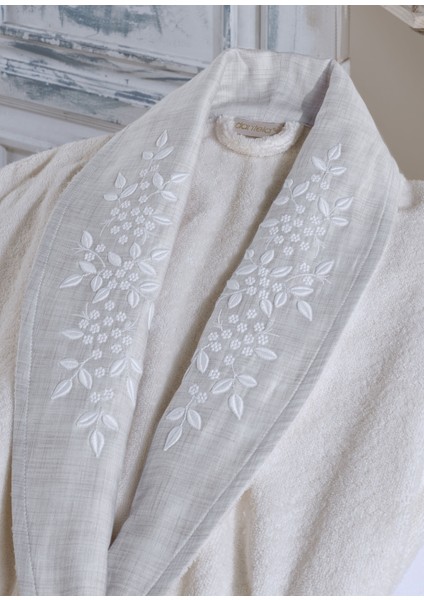 6'lı Nakışlı Pamuk Krem-Bej Bornoz Seti - Sude fiyatları