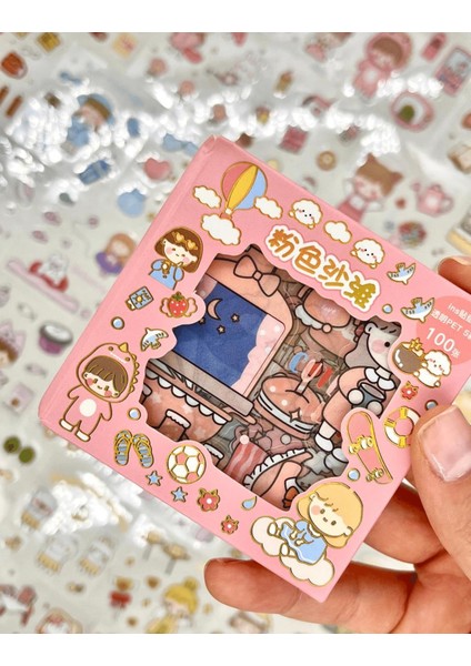 Sevimli Kız ve Tatil Kaykay 100 Yaprak Pembe Mini Kutu Şeffaf Pet Sticker Seti / Su Geçirmez