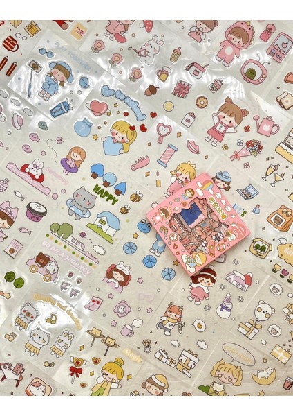Sevimli Kız ve Tatil Kaykay 100 Yaprak Pembe Mini Kutu Şeffaf Pet Sticker Seti / Su Geçirmez