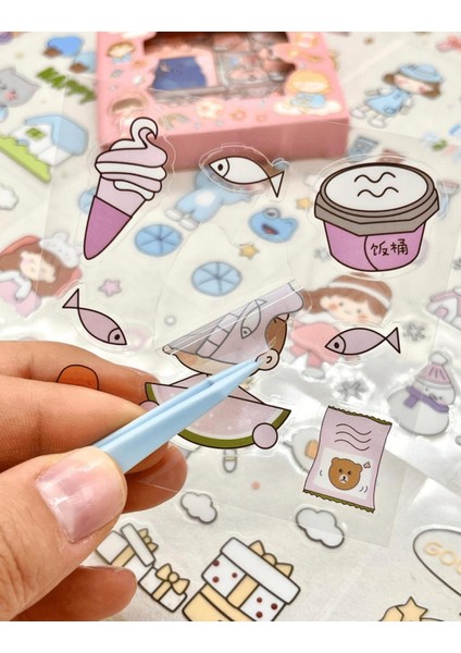 Sevimli Kız ve Tatil Kaykay 100 Yaprak Pembe Mini Kutu Şeffaf Pet Sticker Seti / Su Geçirmez