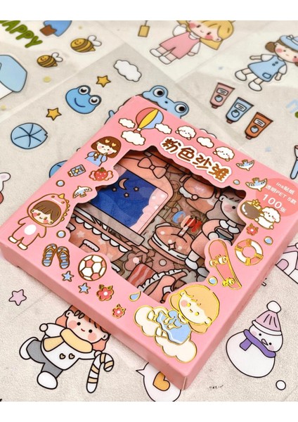 Sevimli Kız ve Tatil Kaykay 100 Yaprak Pembe Mini Kutu Şeffaf Pet Sticker Seti / Su Geçirmez