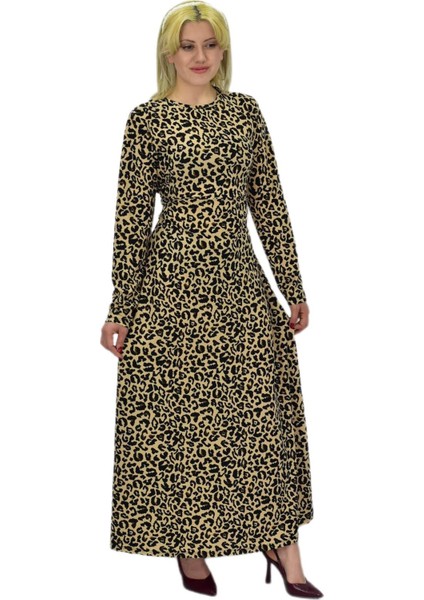 Kadın Leopar Desen Krep O Yaka Elbise BGL-ST03539 modelleri