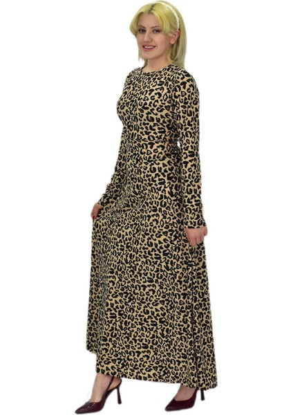 Kadın Leopar Desen Krep O Yaka Elbise BGL-ST03539 fırsatları