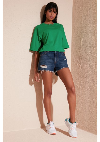 Pamuklu Oversize Bisiklet Yaka T Shirt Bayan T Shirt 5864562