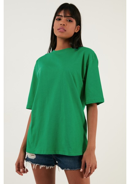 Pamuklu Oversize Bisiklet Yaka T Shirt Bayan T Shirt 5864562