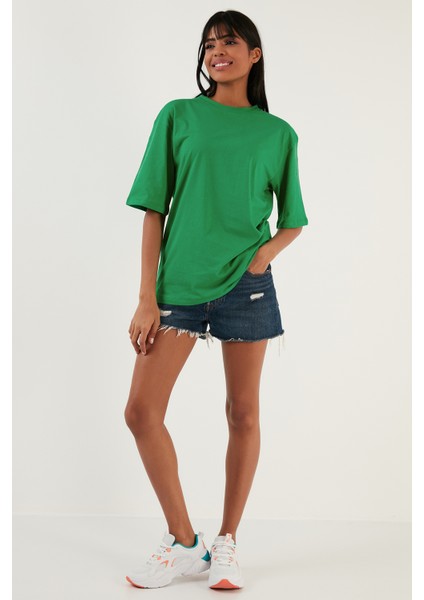 Pamuklu Oversize Bisiklet Yaka T Shirt Bayan T Shirt 5864562
