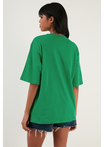 Pamuklu Oversize Bisiklet Yaka T Shirt Bayan T Shirt 5864562