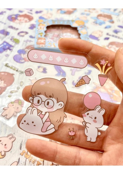 Sevimli Çocuklar ve Summer 100 Yaprak Mavi Mini Kutu Şeffaf Pet Sticker Seti / Su Geçirmez