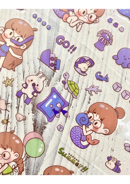 Sevimli Çocuklar ve Summer 100 Yaprak Mavi Mini Kutu Şeffaf Pet Sticker Seti / Su Geçirmez