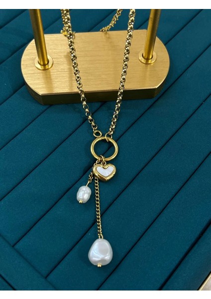 İncili Kalp Detaylı Çelik Kolye