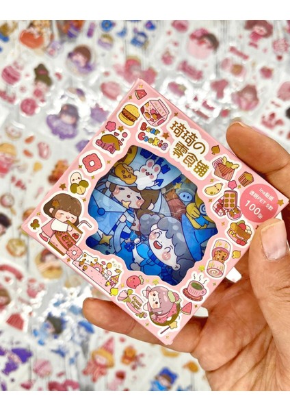 Sevimli Kız ve Atıştırmalıklar 100 Yaprak Pembe Mini Kutu Şeffaf Pet Sticker Seti / Su Geçirmez