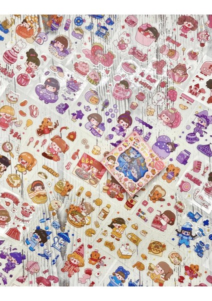 Sevimli Kız ve Atıştırmalıklar 100 Yaprak Pembe Mini Kutu Şeffaf Pet Sticker Seti / Su Geçirmez