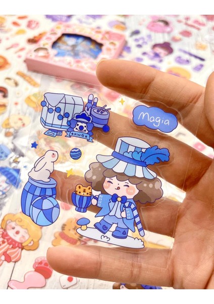 Sevimli Kız ve Atıştırmalıklar 100 Yaprak Pembe Mini Kutu Şeffaf Pet Sticker Seti / Su Geçirmez
