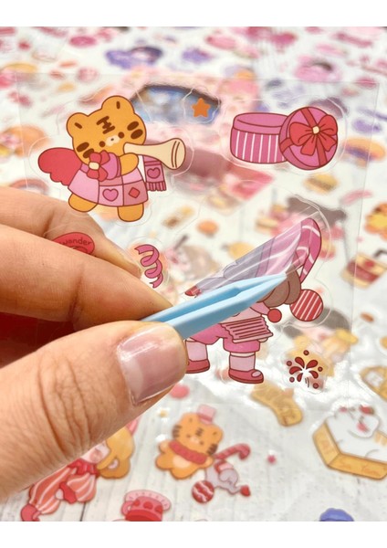 Sevimli Kız ve Atıştırmalıklar 100 Yaprak Pembe Mini Kutu Şeffaf Pet Sticker Seti / Su Geçirmez