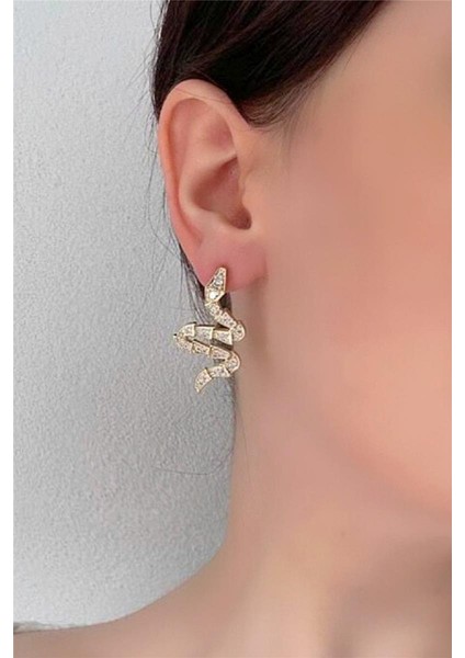 Zirkon Taşlı Yılan Sallantılı Küpe