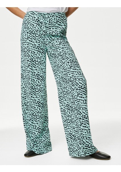Yüksek Bel Desenli Wide Leg Pantolon