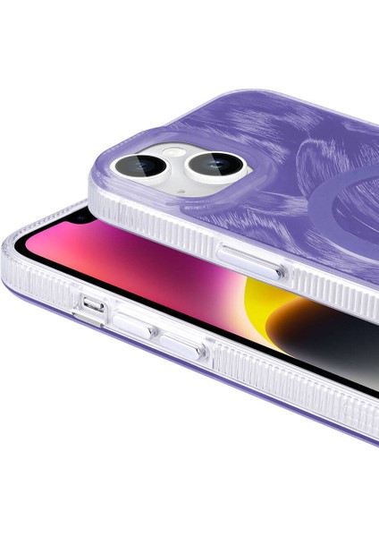Apple iPhone 14 Plus Kılıf Kenarları Tırtıklı Fırça Boya Desenli Magsafeli Palet Kapak Mor fiyatları