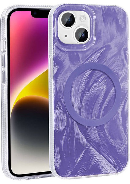 Apple iPhone 14 Plus Kılıf Kenarları Tırtıklı Fırça Boya Desenli Magsafeli Palet Kapak Mor modelleri