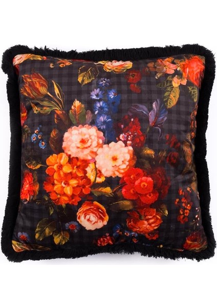 Çiçekli ve Siyah Püsküllü 43x43 cm Kare Kırlent Kılıfı