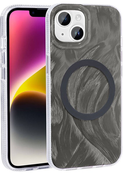 Apple iPhone 13 Kılıf Kenarları Tırtıklı Fırça Boya Desenli Magsafeli Palet Kapak Gri modelleri