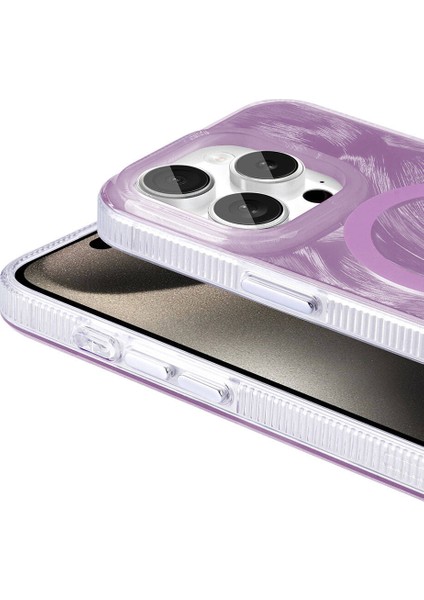Apple iPhone 15 Pro Kılıf Kenarları Tırtıklı Fırça Boya Desenli Magsafeli Palet Kapak Pembe
