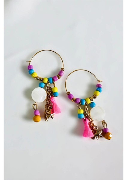 Etnik Bohem Püskül Boncuk Halka Küpe