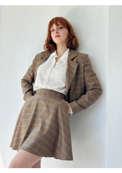 Kareli Valerie Mini Kloş Etek Kadın Kum