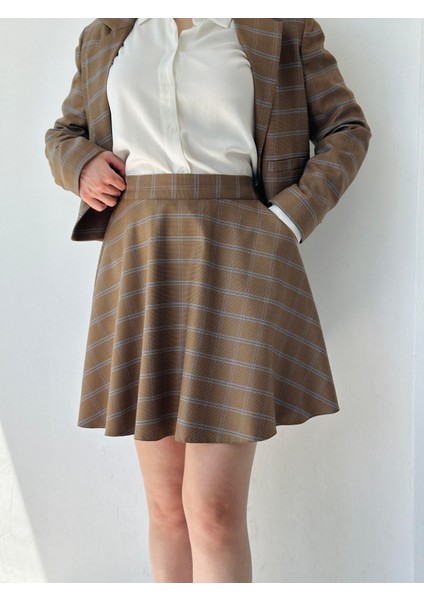 Kareli Valerie Mini Kloş Etek Kadın Kum fiyatları