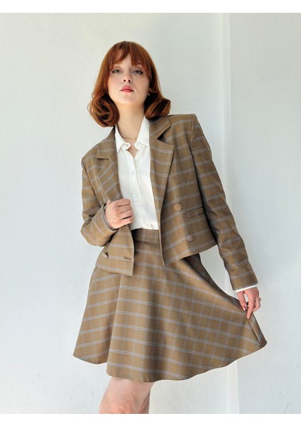 Kareli Valerie Mini Kloş Etek Kadın Kum modelleri