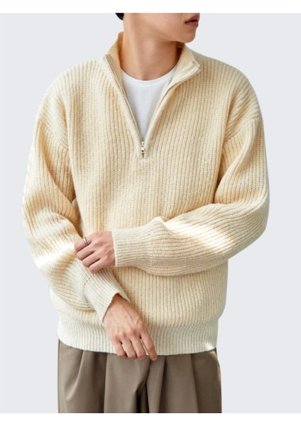 Erkek Oversize Fermuarlı Balıkçı Triko Kazak