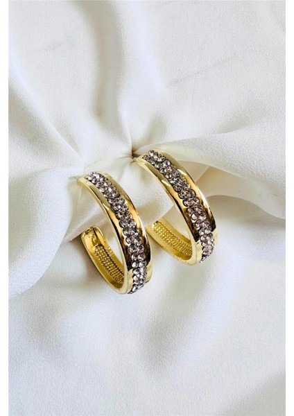 Şeritli 2 Sıra Taşlı Halka Küpe