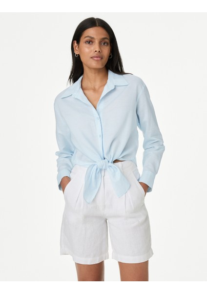 Bağlama Detaylı Uzun Kollu Keten Gömlek