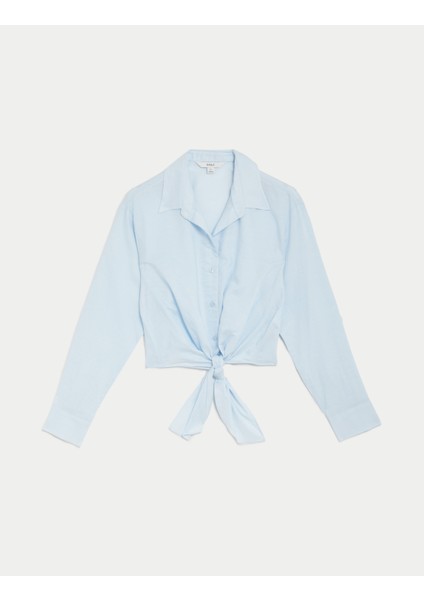 Bağlama Detaylı Uzun Kollu Keten Gömlek fırsatları