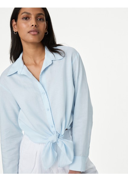 Bağlama Detaylı Uzun Kollu Keten Gömlek indirimleri